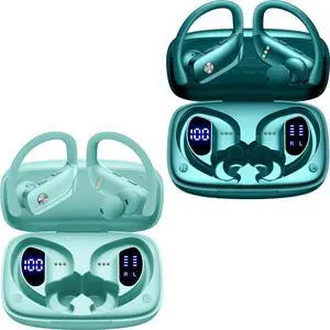 2 Sets Wireless Earbuds Bluetooth Headphones 48hrs Play Back Sport Earphones with LED Display Over-Ear Buds with Earhooks Built-in Mic Headset for Workout Mint Green+Green