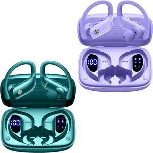 bmani 2 Sets Wireless Earbuds Bluetooth Headphones 48hrs Play Back Sport Earphones with LED Display Over-Ear Buds with Earhooks Built-in Mic Headset for Workout Green+Purple