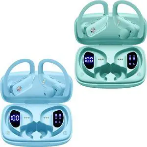 2 Sets Wireless Earbuds Bluetooth Headphones 48hrs Play Back Sport Earphones with LED Display Over-Ear Buds with Earhooks Built-in Mic Headset for Workout Sky Blue+Mint Green