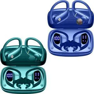 bmani 2 Sets Wireless Earbuds Bluetooth Headphones 48hrs Play Back Sport Earphones with LED Display Over-Ear Buds with Earhooks Built-in Mic Headset for Workout Green+Blue