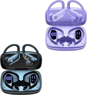 bmani 2 Sets Wireless Earbuds Bluetooth Headphones 48hrs Play Back Sport Earphones with LED Display Over-Ear Buds with Earhooks Built-in Mic Headset for Workout Black + Puple