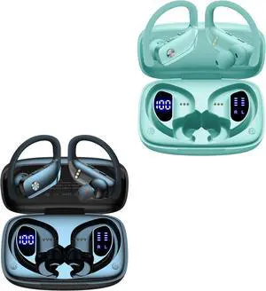 2 Sets Wireless Earbuds Bluetooth Headphones 48hrs Play Back Sport Earphones with LED Display Over-Ear Buds with Earhooks Built-in Mic Headset for Workout Black + Mint Green