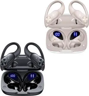 2 Sets Bluetooth Headphones Wireless Earbuds 80hrs Playtime Wireless Charging Case Sports Ear buds with Earhook Premium Deep Bass IPX7 Waterproof Over-Ear Earphones for Phone Laptop Black + Pearl Gray
