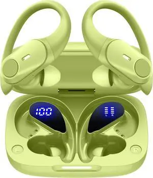 GOLREX Active Noise Cancelling Ear Buds Wireless Earbuds Bluetooth Headphones with 80H Playtime LED Display Wireless Charging Case, Over-Ear Hooks Earbud for Sports Running Gym Workout Yellow Green