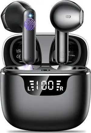 Wireless Earbuds Bluetooth 5.4 Headphones,ENC Noise Cancelling Earphones with Deep Bass,42H Playtime,LED Display,USB-C Fast Charging,IPX6 Waterproof Sport Earbuds,Comfortable Fit Black