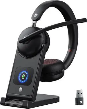 Wireless Headset with Mic for Work-Bluetooth 5.3 Headset with Noise Cancelling, Wireless Headsets with 65Hrs Battery & 10Min Fast Charge, Smart Dock with Digital Display for PC/Computer/Teams
