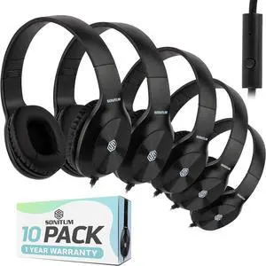 Classroom Headphones-Bulk 10-Pack, with Microphone Student On Ear Comfy Swivel Earphones for Library, School, Airplane, Kids-for Online Learning and Travel, HQ Stereo Sound 3.5mm Jack (Black)