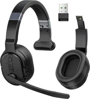 Trucker Bluetooth Headset with Dongle, Wireless Headsets with Noise Cancelling Microphone, 50+Hrs HD Talktime Bluetooth Headphones with Detachable Earpad/Single+Dual Mode for Office/Driving