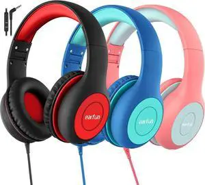 EarFun 3Packs Kids Headphones Wired with Microphone, 85/94dB Volume Limit Headphones for Kids, Portable Wired Headphone with Shareport, Stereo Sound Foldable Headset for School/Tablet/iPad/Kindle
