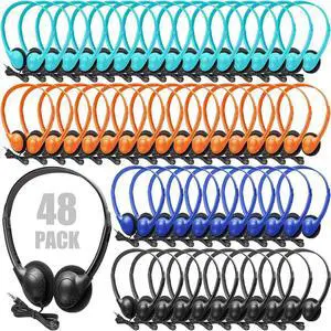 48 Pack Classroom Headphones on Ear Wired Stereo Headset with 3.5mm Jack, Over The Head Student Earphone Set for Kids Adults School Library Airplane Computer Laptop, No Microphone (Multicolor)