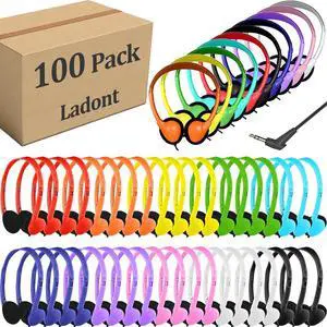 100 Pack Classroom Headphones Bulk for Students Kids Schools, Wholesale Wired Multi Color 3.5mm On Ear Class Set Headphones for Library Chromebook Laptop PC Computer