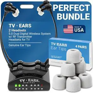 TV · EARS 5.0 Dual Digital Wireless Headset System & Earbud Tips for TV Watching - Includes 2 Headsets & RF Transmitter Compatible with Most TV Brands