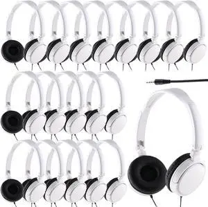 Yunsailing 18 Pack Classroom Headphones Bulk Student Wired Class Headphones Set for Kids School with Individually Wrapped Adjustable Over Ear Head Earbuds(White)
