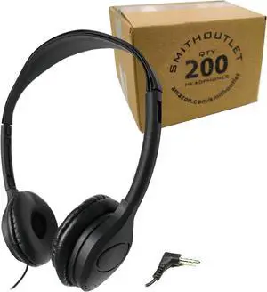 SmithOutlet 200 Pack Low Cost Headphones in Bulk | Model SG-313-200 | Wired 3.5 MM Jack Connectivity | Black Leatherette Cushions | for Schools, Classrooms, Students, Libraries