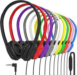 Maeline Bulk Headphones with Microphone, 100 Pack Multicolor Wired On-Ear Headsets  3.5mm Jack, Leatherette Cushions, Adjustable Headband  for Classrooms, Libraries, Remote Learning, Office
