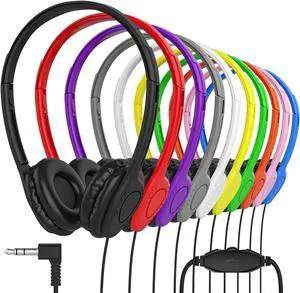Maeline Bulk Classroom Student Headphones with Volume Control, On Ear Stereo Headphones with Faux Leather Cushions for Kids Online Learning, Library, School, Airplane, Travel - 3.5mm Plug - 30 Pack