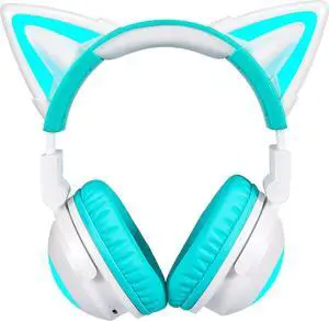Wireless Cat Ear Headphones (12 Color Changing) with & 3.5mm Jack, Gaming Pro, Bluetooth&Wired Connection (Green)