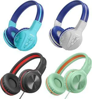 SIMOLIO 4 Pack Kids Headphones, Wired & Wireless Bluetooth, Volume Limiter & 3.5mm Aux Share for Cellphone Tablets PC, Foldable Over-Ear for School Travel Gift