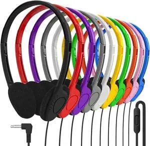 Maeline Bulk Classroom Headphones with Microphone  50 Pack Multicolor Wired On-Ear Headsets, Adjustable 3.5mm Plug, Individually Wrapped for Schools, Libraries & Labs