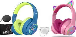 LOBKIN Active Noise Cancelling Headphones for Kids,Bluetooth 5.4,Kids Headphones Wireless with Mic 50H Playtime AUX Cord Safe Volume Limited Foldable for Boy Girl Travel/School/iPad(with LED Lights)