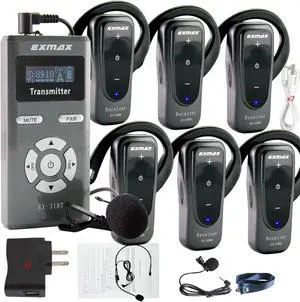 EXMAX-EX-318 Wireless Audio Voice Tour Guide System with Headset Mic Ear-hook Receiver for Seminars,Wedding,Conference,Training,hospital communication,warehouse management(1 Transmitter & 6 Receivers)