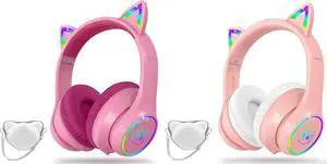 LOBKIN Bluetooth 5.3 Kids Headphones with Case - RGB LED Light Up Cat Ears Foldable Adjustable Over Ear Headphone Support Wireless or 3.5mm Wired Mode for Toddler & Girls & Boys Teens