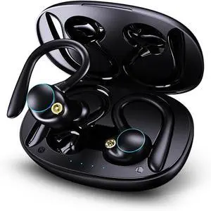 wireless earbuds workout earbud over ear running headphones with ear hooks 60Hrs playtime LED power display, IPX7 waterproof earbuds for android 13MM bass premium sound gym headphones (Black)