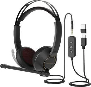 Wired Headset, Dual-Ear (Stereo) Headphones with Noise Canceling Microphone, On Ear Computer Headset with in-line Control, USB/Type-C, PC Headset for Home Office Online Class Skype Zoom