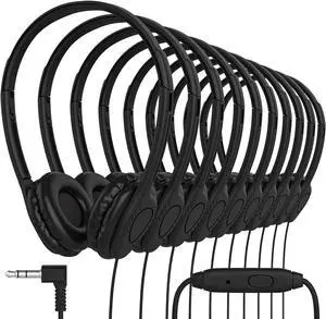 Maeline Bulk Classroom Student Headphones with Microphone, On Ear Stereo Headphones with Mic & Faux Leather Cushions for Kids Online Learning, Library, School, Airplane - 3.5mm Plug - 20 Pack - Black