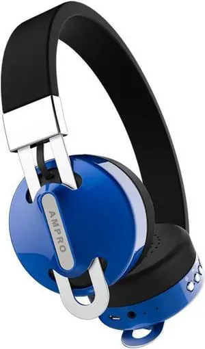 On-Ear Headphones by AMPRO: Wired and Wireless Bluetooth Headphones with Built-in Microphone - Rechargeable Over-Ear Headphones with Adjustable Headband and FM Radio (Blue)