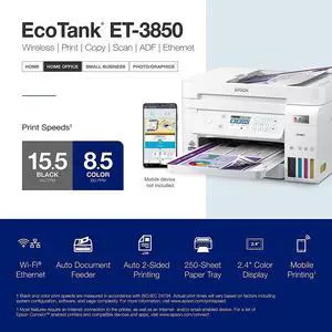 Epson EcoTank Wireless Color All-in-One Cartridge-Free ET-3850 Supertank Inkjet Printer for Home Office, Scanner, Copier, ADF and Ethernet, Mobile Printing, with Bonus Black Ink Bottle & USB Cable
