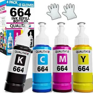 Compatible for Epson 664 Ink Refill Bottles All 4 Colors + 4 Gloves + Ink Storage Box | 664 Ink for Printers ET 2550 Ink Refill, ET-2650, ET-2600, ET-2500 (Black, Cyan, Magenta, Yellow)