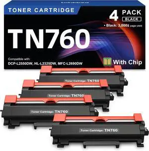 TN760 Toner Compatible Replacement for Brother TN760 TN-730 TN-760 TN730 Toner Cartridge for Brother Printer L2325DW L2350DW L2370DW L2390DW L2395DW L2550DW L2690DW L2710DW L2717DW L2750DW 4Pack Black
