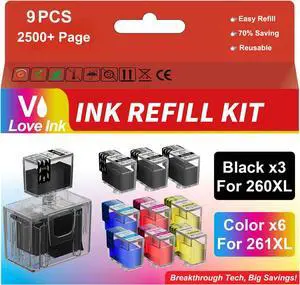 260XL 261XL Ink Refill Kit for Canon 260 and 261 Ink Cartridges Compatible with Canon TS6420a Ink Cartridges PIXMA TS6400 TS6420 TR7020a TR7000 TR7020 TS5320, 9 Pack (3BK/2C/2M/2Y)