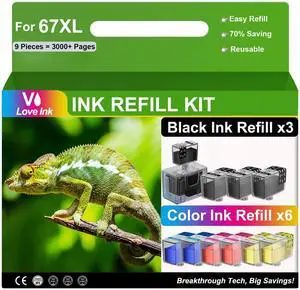 67XL Ink Refill Kit for HP 67 XL Ink Cartridges Compatible for HP 67 Black Color Combo Pack Works with Deskjet 2855e 2755e 2700 4155 Envy 6000 6055e 6400 6455e Cartridges, 9 Pack (3BK/2C/2M/2Y)