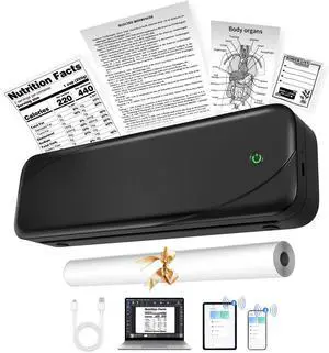Bluetooth Portable Printer, 300dpi Thermal Travel Printer for Home, Photo, Invoice, Study, Monochrome Inkless Printing Machines with 1 Rolls of Thermal Paper, Black