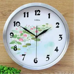 Watch Wall Clock Fashion Wall Clock Scan Muted Wall Clock The Creative Lotus Flowers Pattern Wall of Bell 12-inch Living Room Wall Clock Quartz Watch Wall Clock (Color : White) (Silver Edge)