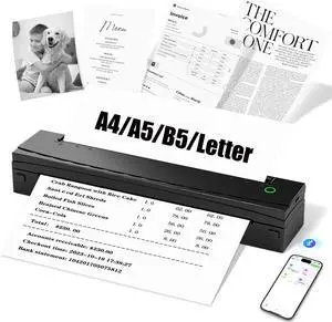 Portable Printer Wireless for Travel, D80 Thermal Printer, Inkless Printers, Compatible with iOS, Android, Laptop, Supports 8.5" x 11" US Letter & A4 & A5 for Home Use, Office, Vehicles, Black