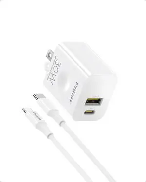 PISEN 30W USB C Charger - PD QC 3.0 Dual Port Charging Block, 30 Watt USB C Charger with 4 FT Type C to L Cable, 30W Fast Charger with Foldable Plug for iPhone 14 13 12 11 Pro Max XR XS X, iPad