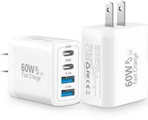 USB C Charger Block, Linocell 2Pack 4Port USB C Charger 60W Dynamic Power Adapter Dual PD&QC Type C Fast Charging USB-A Charger Compatible with iPhone 17 17 Pro Max 16 15 14 13 12/Galaxy S25 S24/Pixel