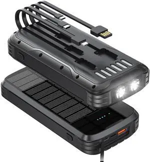 MINRISE Solar Charger Power Bank, 40000mAh Portable Charger PD 20W Fast Charging Solar Power Bank Built in 4 Cables and USB-C in/Output, Camping Essentials External Battery Pack with Flashlights