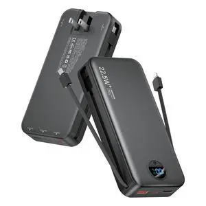 citicr Portable Charger Power Bank, 20000mAh 22.5W USB C Fast Charging with Built-in Cables & Wall Plug, External Battery Bank with LED Display, Travel Essential for iPhone, iPad, Samsung Black