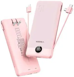 VEGER Portable Charger with Built-in AC Plug and Cables, All in One 10000mAh Ultra Slim Power Bank Travel Essentials, 15W Fast Charging Battery Pack Compatible with iPhone, Samsung, Android (Crepe)