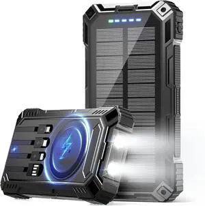 jskei Power Bank 49800mAh Solar Portable Charger Wireless Charging USB-C 15W Fast Charging with 4 Built-in Cables LED Flashlight Battery Pack Compatible with iPhone, iPad, Galaxy, Perfect for Camping