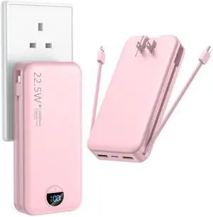 Ffnpua Portable Charger with Wall Plug, 20000mAh USB C Power Bank Fast Charging, External Battery Pack with Built in Cables, Digital Display, 5 Output 2 Input for iPhone Android Cell Phone Tablet