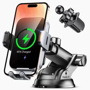 OBRFFE Wireless Car Charger Mount Auto Clamping, 15W Fast Charging Car Phone Holder Charger for Dash Windshield Vent for iPhone 17 16 15 14 13 12 Pro Max, Samsung Galaxy S25 S24+ S23 Ultra S22 S21+