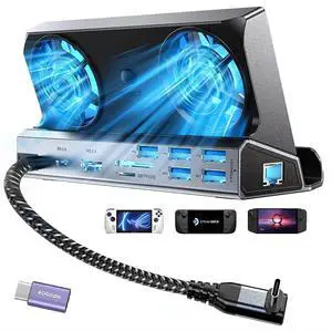 Docking Station for Steam Deck ROG Ally with Dual Cooling Fans, 10-IN-1 Stream Deck Dock with 4K@60Hz, 1000Mbps Gigabit Ethernet, 5USB Ports and 100W Charging Port for Steam Deck OLED/Switch/Legion Go