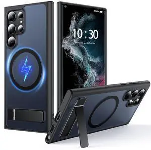 FNDMIL for Samsung Galaxy S22 Ultra Case with MagSafe [Adjustable Kickstand] [Charge While Standing] [Military Shockproof] Translucent Matte Soft Silicone Bumper for S22 Ultra Phone Case Slim, Black