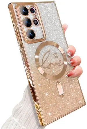 ZONRW for Samsung Galaxy S22 Ultra Case Magnetic,for Women Girl Soft Cute Luxury Love Heart Plating Bling Gradient Glitter Phone Case Compatible with MagSafe Clear Shockproof Back Cover 6.8-Gold