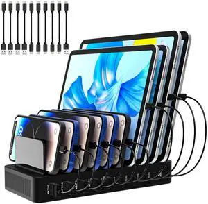 RISWOJOR Charging Station for Multiple Devices, 100W 10 Ports Flat Plug Charging Dock with 10 Cables Smart IC Tech and Adjustable Dividers Type-CMulti USB Charger for iPhone Galaxy iPad TabletBlack